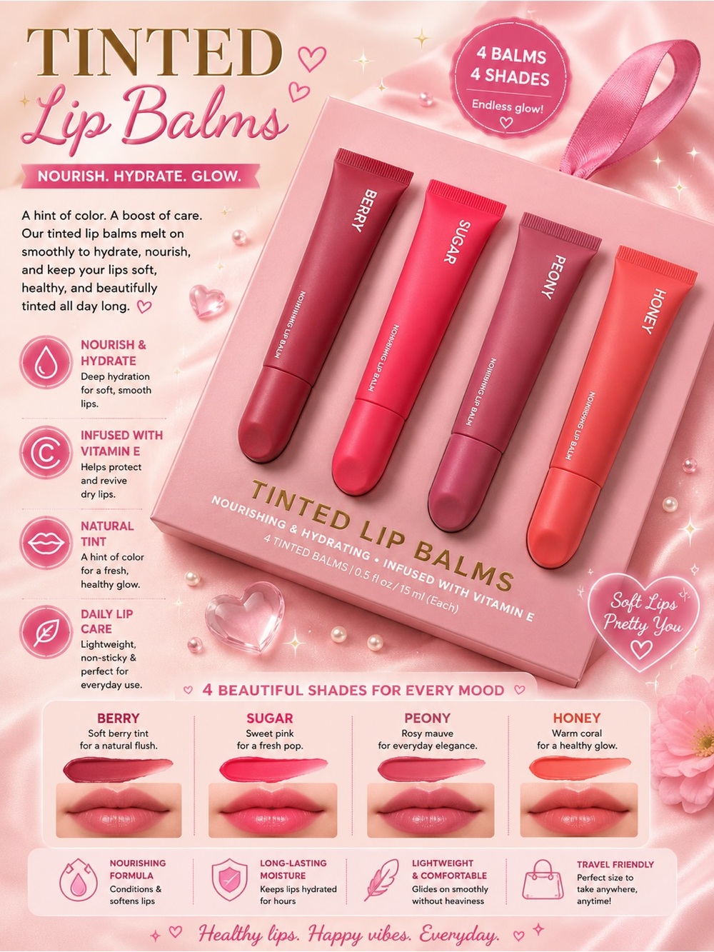 Tinted Lip Balms - 4 Shade Hydrating Set (Berry, Sugar, Peony, Honey)